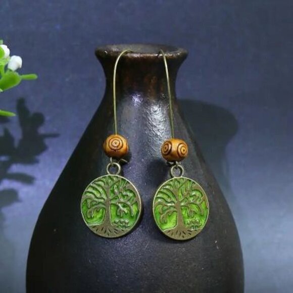 Vintage Ladies 1 Pair 2 In 1 Color Pickled Turquoise Green Round Life  Earrings - Picture 3 of 5